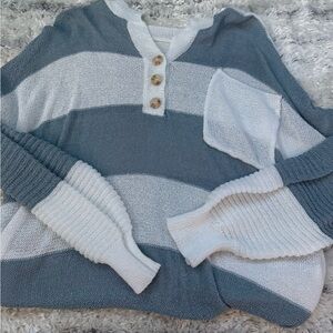 SHEIN Blue and White Striped Button-Up Sweater